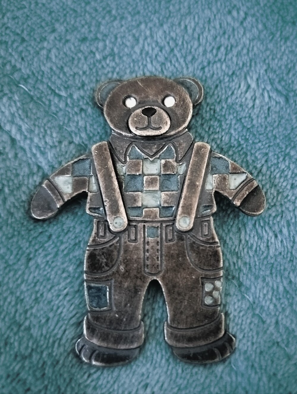 Newpro Vintage Figural Bear Brooch Antiqued Silver Tone, Plaid Shirt & Overalls